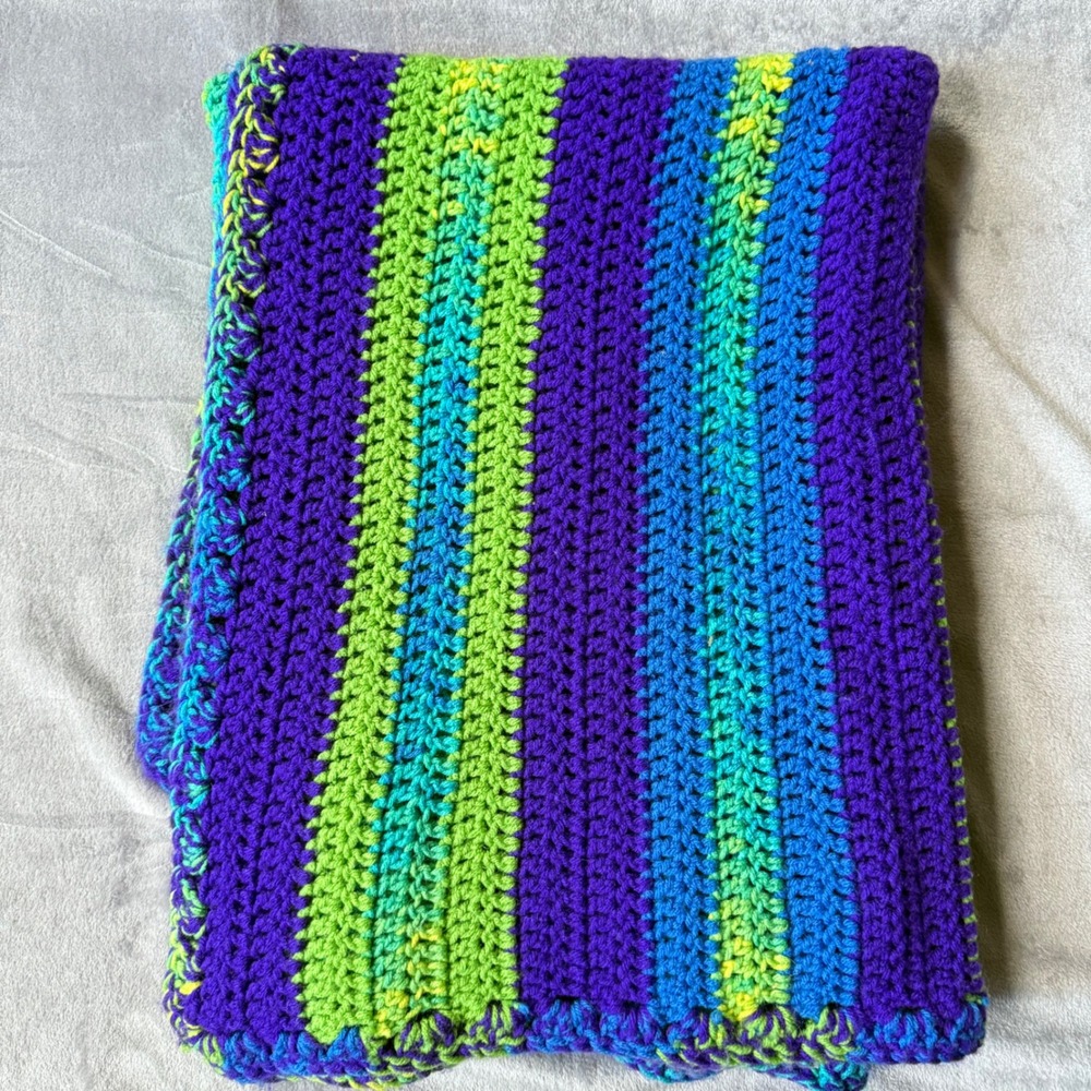 Vtg Handmade Crochet Throw Blanket Purple Green Blue Striped Lapghan 42x34